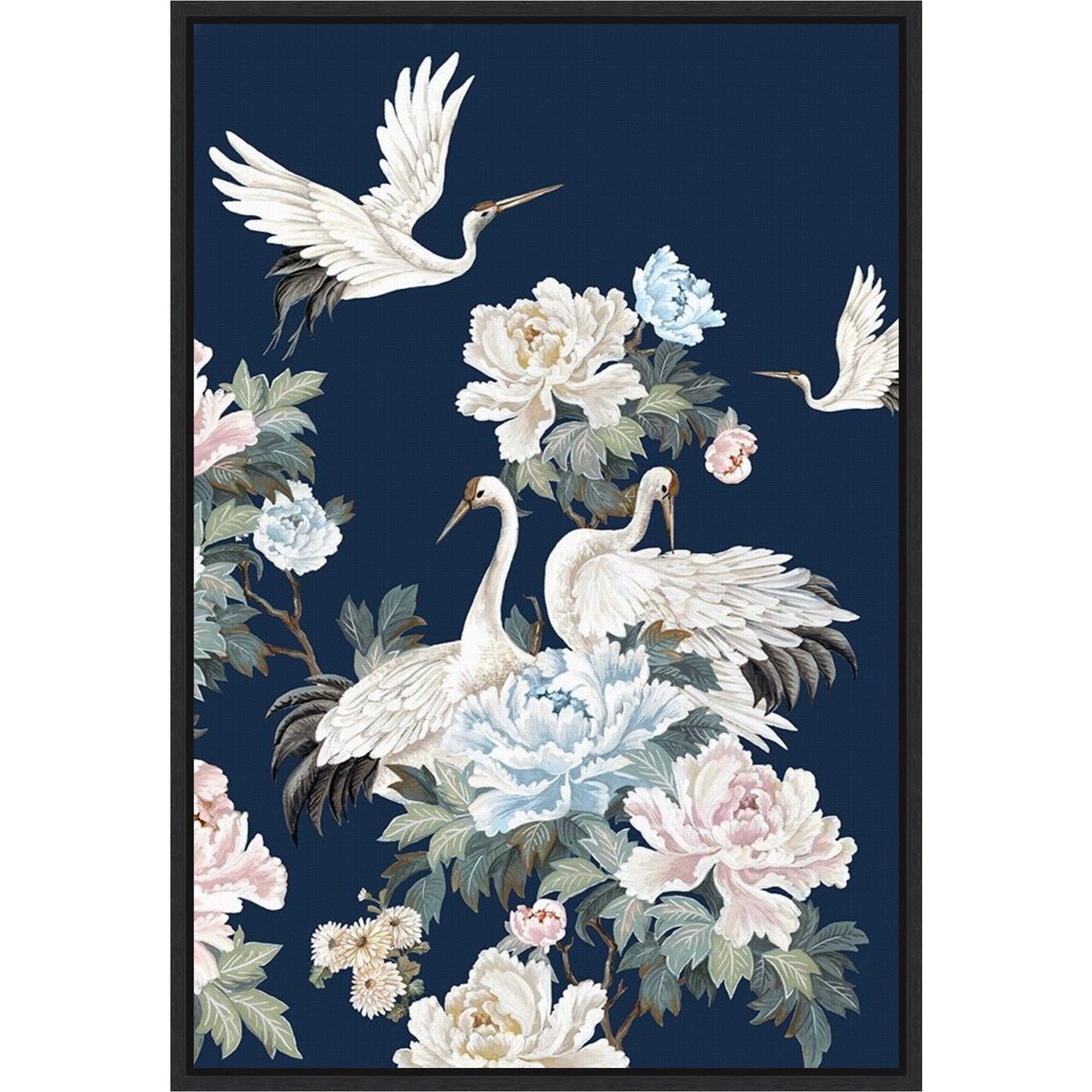 Pearly White Cranes II by Eva Watts 16-in. W x 23-in. H. Canvas Wall Art Print Framed in Black